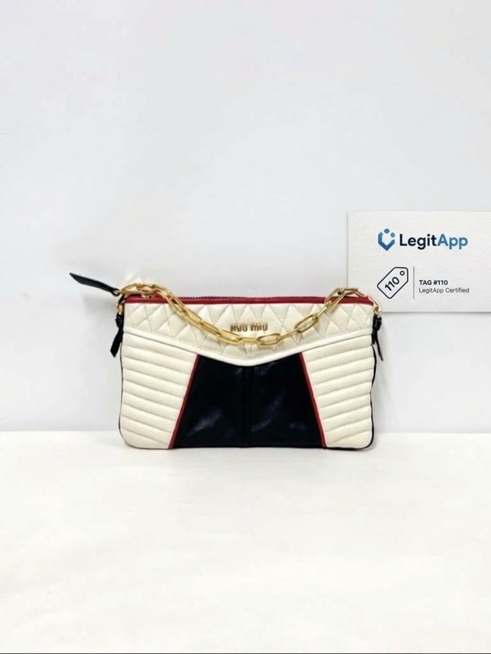 Miu Miu Cream and Black Quilted Leather Wristlet with Gold Chain